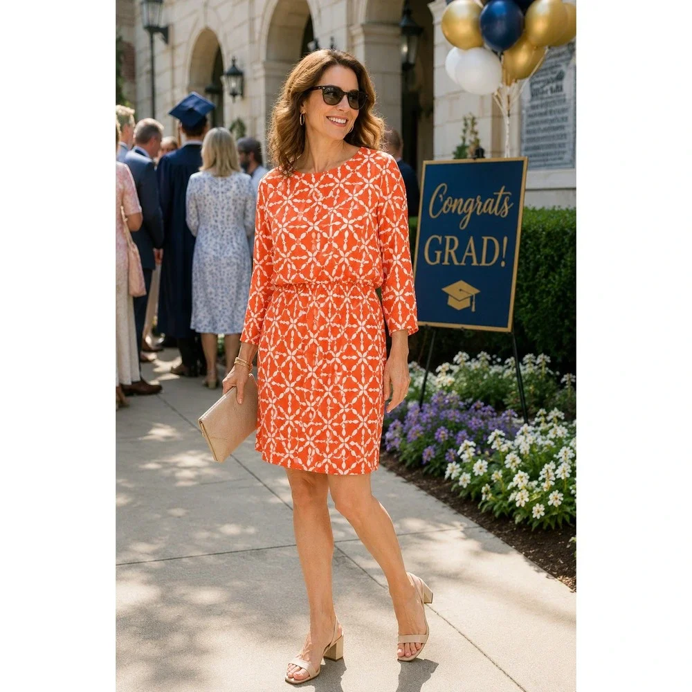 Boden Orange White Geometric Print Long Sleeve Blouson Dress US 4 WH902 - Picture 4 of 16